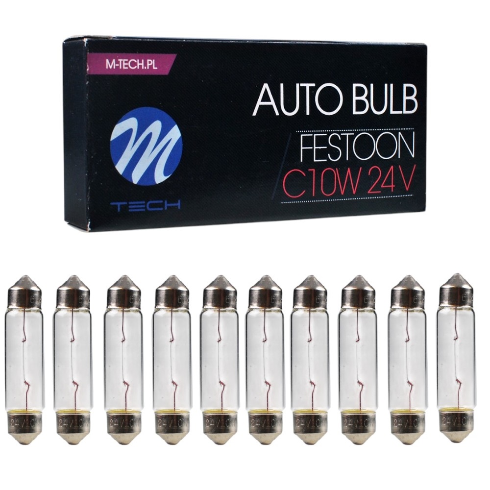 Set 10 becuri auto incandescente, C10W, 41mm, 10W/bec, 24V
